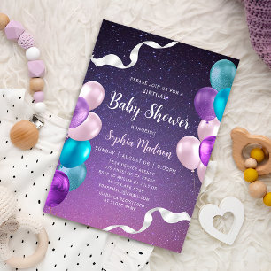 Starry Night Virtual Purple Baby Shower Mail Invitation