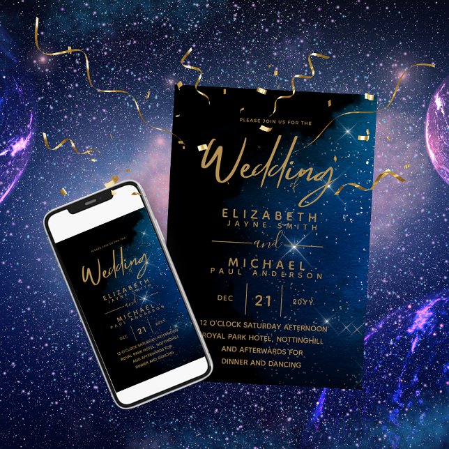 Starry Night Wedding Navy Gold Galaxy Celestial Invitation (Creator Uploaded)