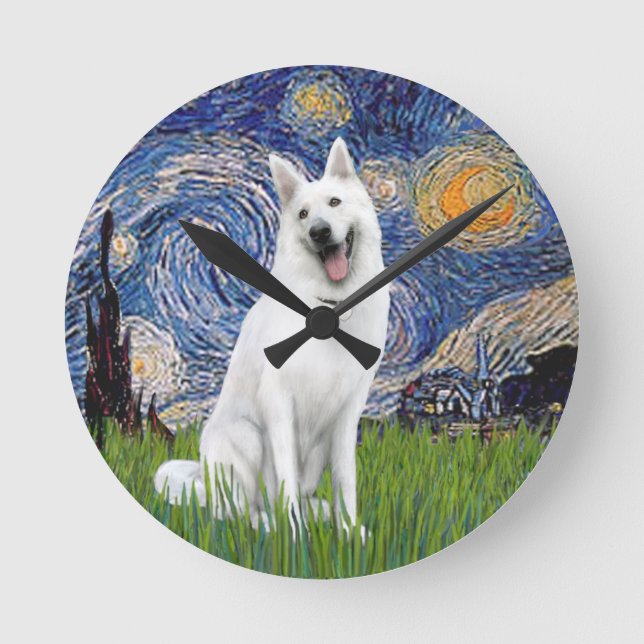 Starry Night - White German Shepherd Round Clock (Front)