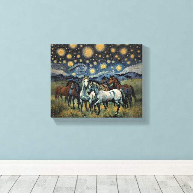 Starry Night Wild Horses Canvas Print (Insitu(Wood Floor))