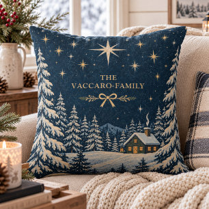 Starry Night Winter Cabin Custom Surname Cushion