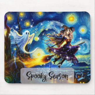 Starry Night Witchy Halloween Design Mouse Mat