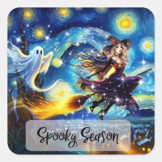 Starry Night Witchy Halloween Design Square Sticker