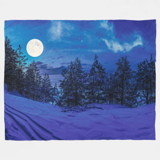 Starry night with full moon in forest fleece blanket (Front (Horizontal))