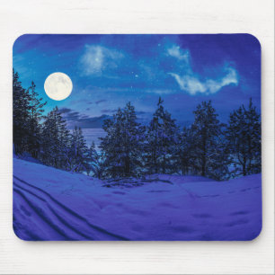 Starry night with full moon in forest mouse mat