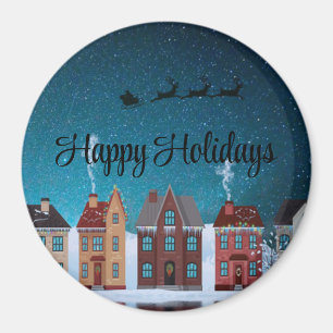 Starry Night With Santa Claus and Houses Magnet