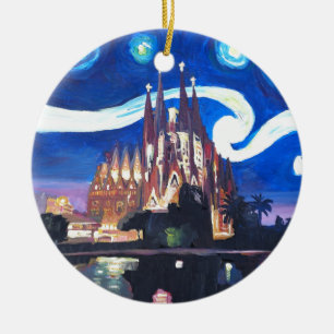Starry nights at Sagrada Familia in Barcelona Ceramic Tree Decoration