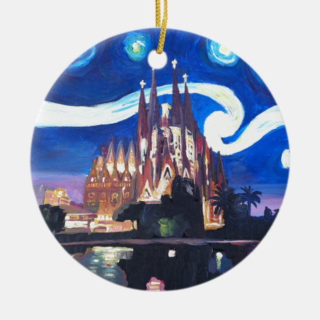 Starry nights at Sagrada Familia in Barcelona Ceramic Tree Decoration (Front)