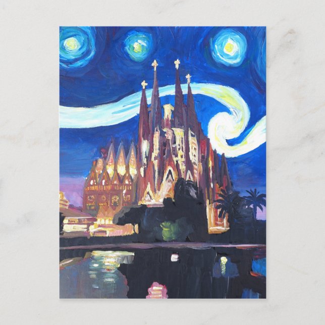 Starry nights at Sagrada Familia in Barcelona Postcard (Front)