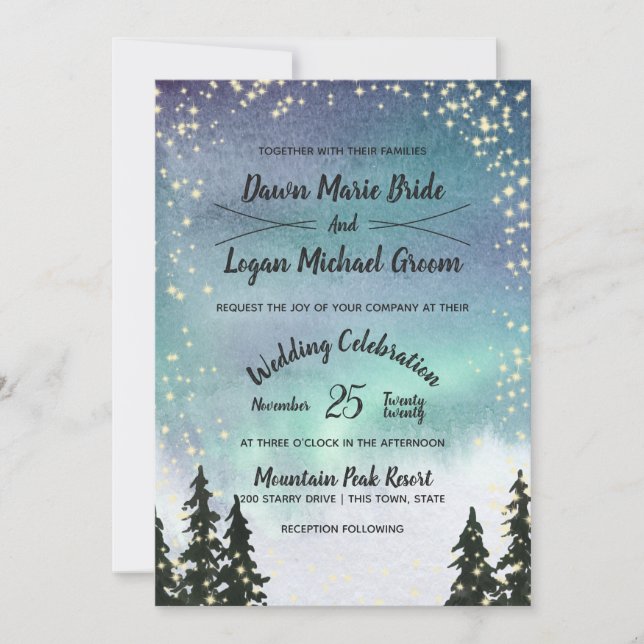 Starry Northern Lights Mountain Sky Wedding Invitation (Front)