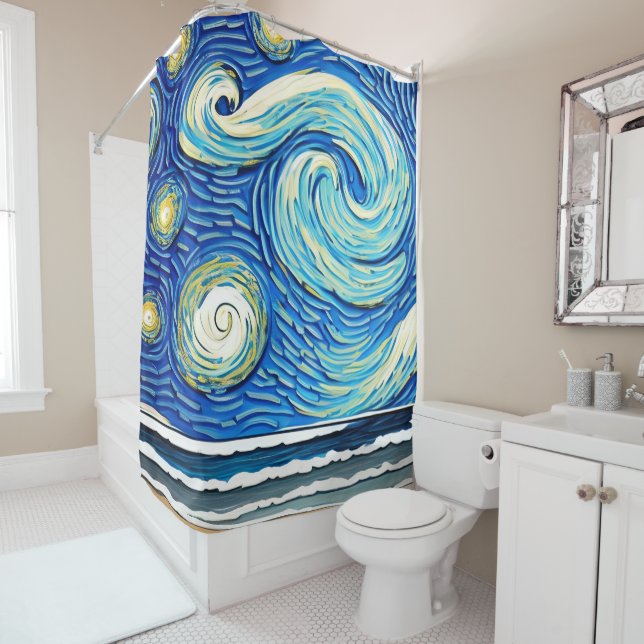 Starry Ocean Summer Beach Waves Shower Curtain (In Situ)