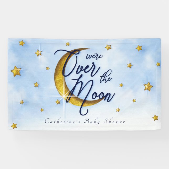 Starry Over The Moon Blue Gold Baby Boy Shower Banner (Horizontal)