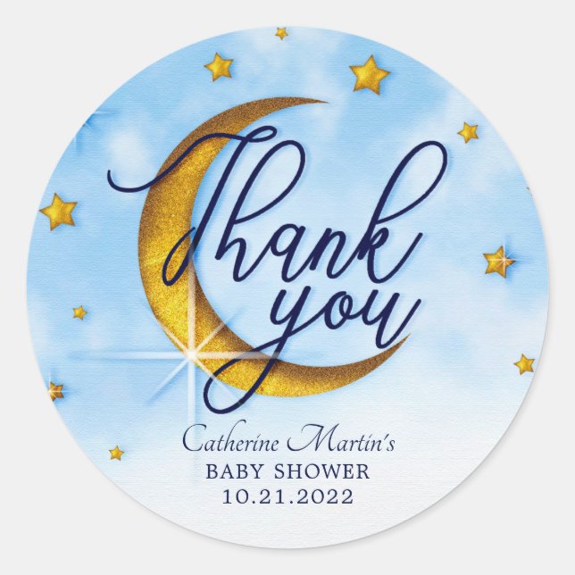 Starry Over The Moon Blue Gold Baby Shower Classic Round Sticker (Front)