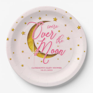Starry Over The Moon Pink Gold Baby Shower Paper Plate