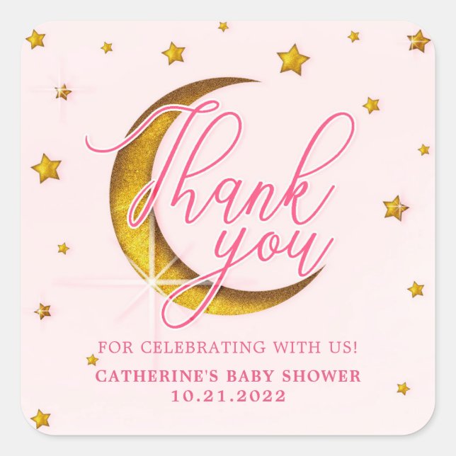 Starry Over The Moon Pink Gold Baby Shower Square Sticker (Front)