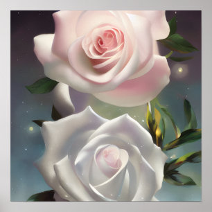 Starry Pastel Pink & White Roses Poster