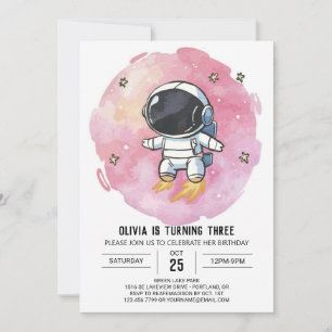 Starry Pink Explorer Astronaut Birthday Invitation