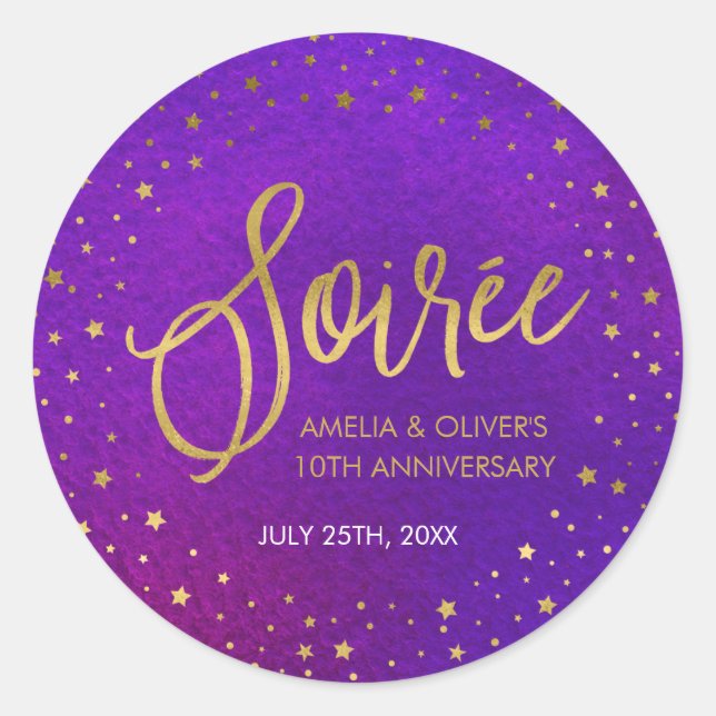 Starry Purple Gold Any Year Anniversary Classic Round Sticker (Front)
