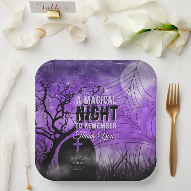 Starry Purple Goth Graveyard Full Moon Paper Plate (Wedding)