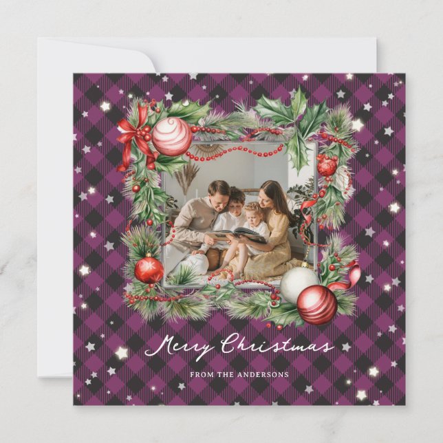 Starry Purple Plaid Photo Merry Christmas Card (Front)