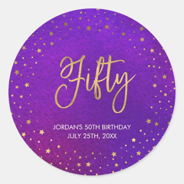 Starry Purple Watercolor 50th Birthday Classic Round Sticker (Front)