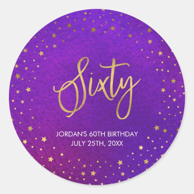 Starry Purple Watercolor 60th Birthday Classic Round Sticker (Front)