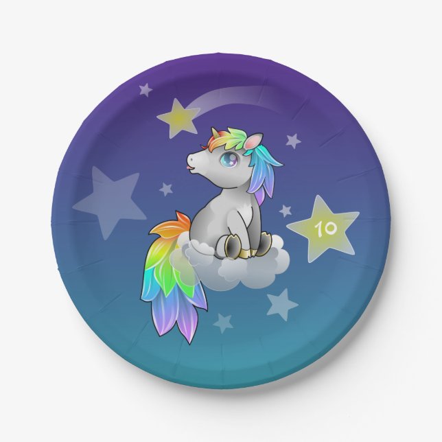 Starry Rainbow Unicorn Customisable Party Plates (Front)