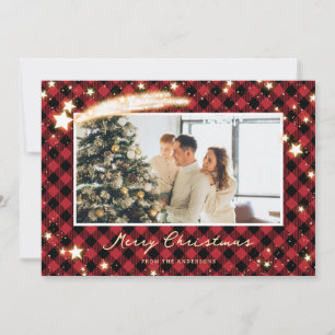 Starry Red Buffalo Plaid Photo Christmas Cards