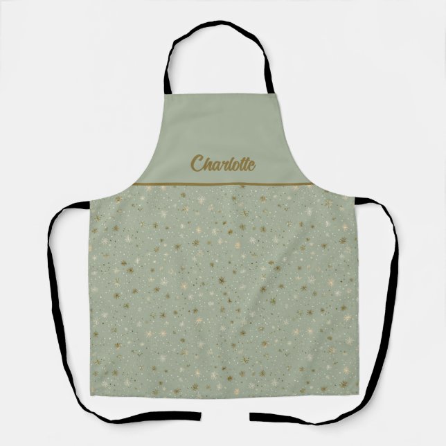 Starry Sage Green and Gold Winter Pattern Apron (Front)