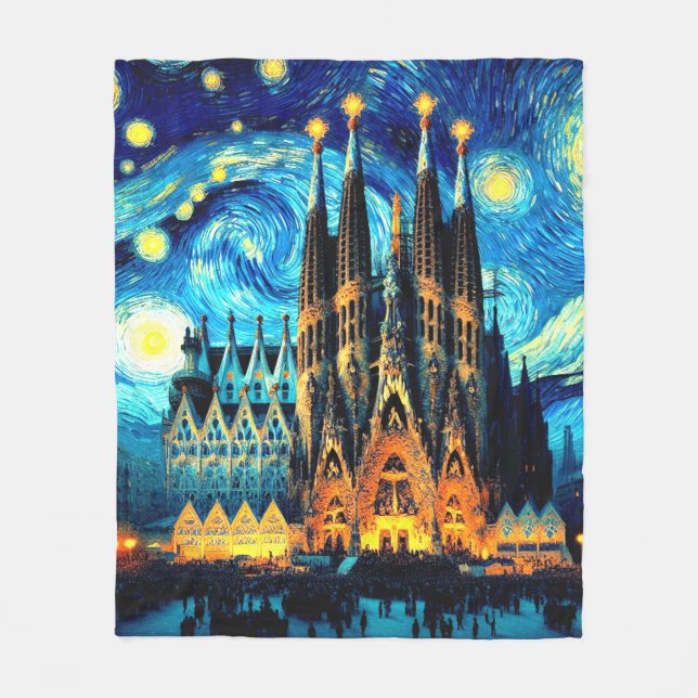 Starry Sagrada Familia Barcelona Fleece Blanket (Front)
