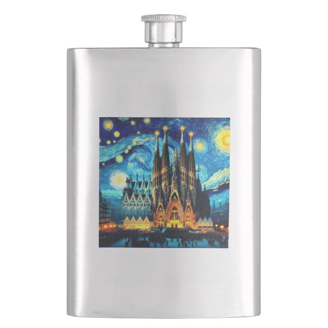 Starry Sagrada Familia Barcelona Hip Flask (Front)