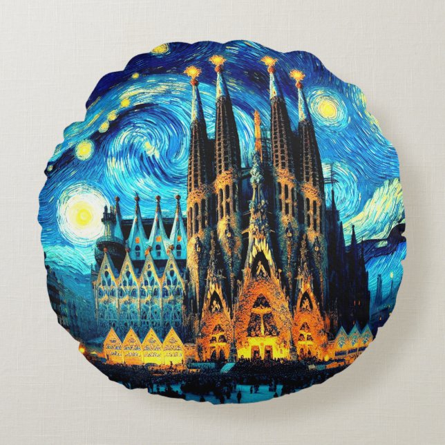 Starry Sagrada Familia Barcelona Round Cushion (Front)