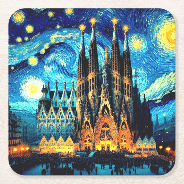 Starry Sagrada Familia Barcelona Square Paper Coaster (Front)