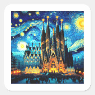 Starry Sagrada Familia Barcelona Square Sticker