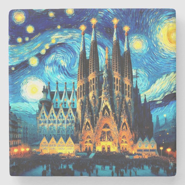 Starry Sagrada Familia Barcelona Stone Coaster (Front)