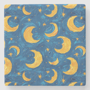 Starry Skies Blue Gold Moons Stars Stone Coaster