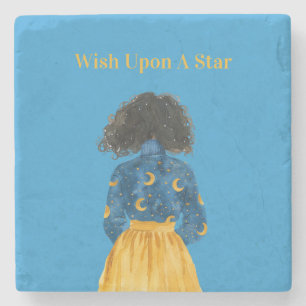 Starry Skies Moons Girl Black Hair Stone Coaster