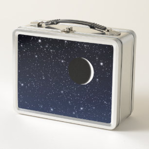 Starry Sky and Crescent Moon, Deep Blue to Black Metal Lunch Box