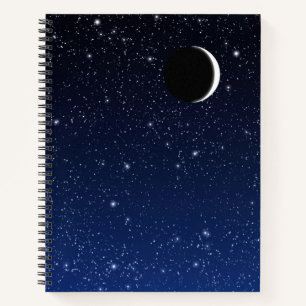 Starry Sky and Crescent Moon, Deep Blue to Black Notebook