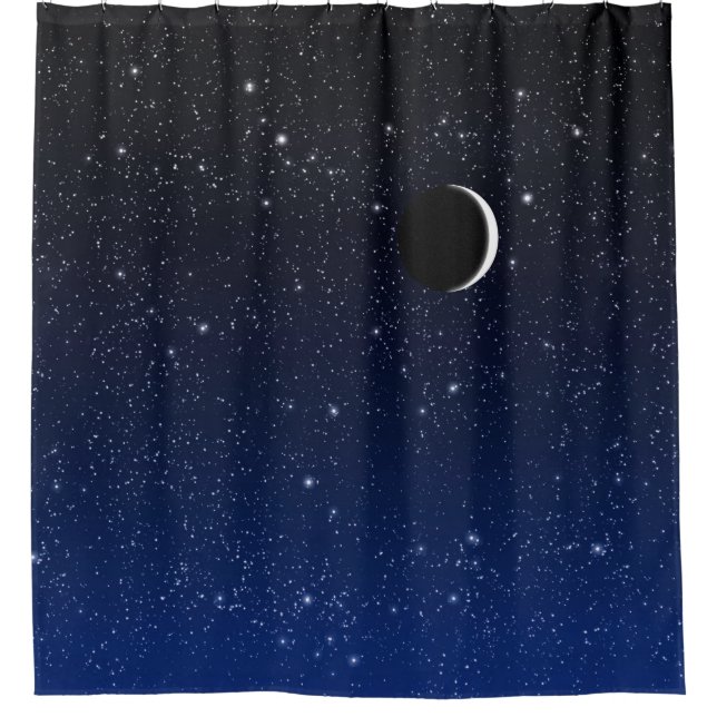 Starry Sky and Crescent Moon, Deep Blue to Black Shower Curtain (Front)