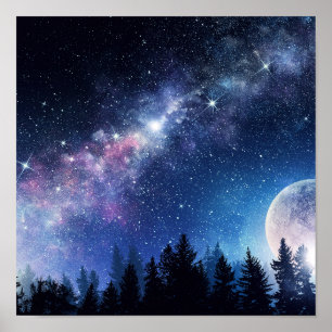 Starry Sky and Moon Poster