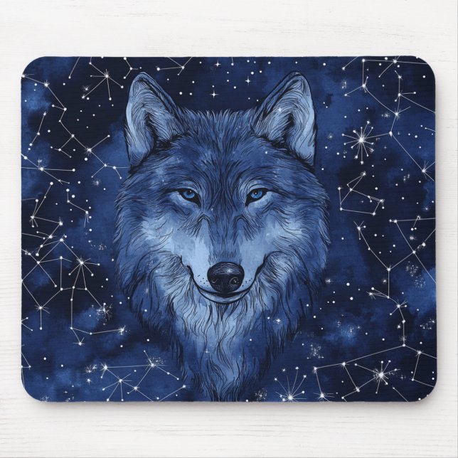 Starry Sky Blue Wolf Cosmic Mouse Mat (Front)