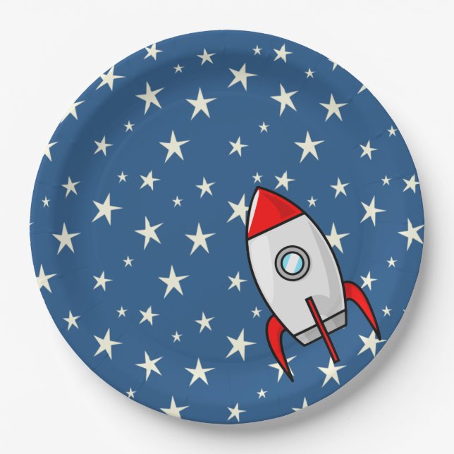 Starry Sky Fat Rocket Ship Paper Plate (Front)
