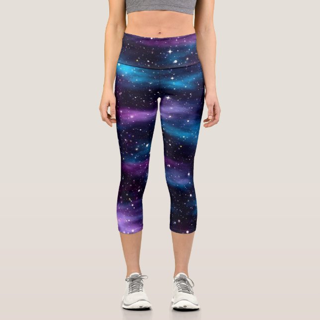 Starry Sky Galaxy Blue & Purple Capri Leggings (Front)