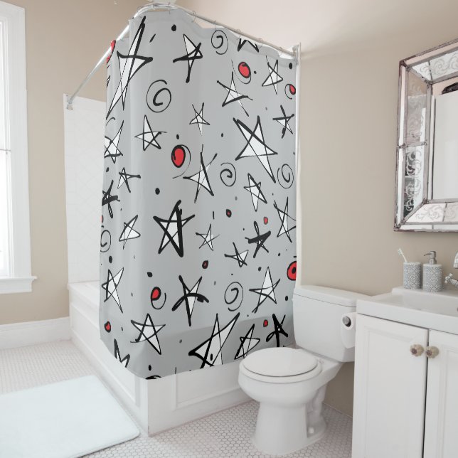 "Starry Sky" Grey Fun Graphic Shower Curtain (In Situ)