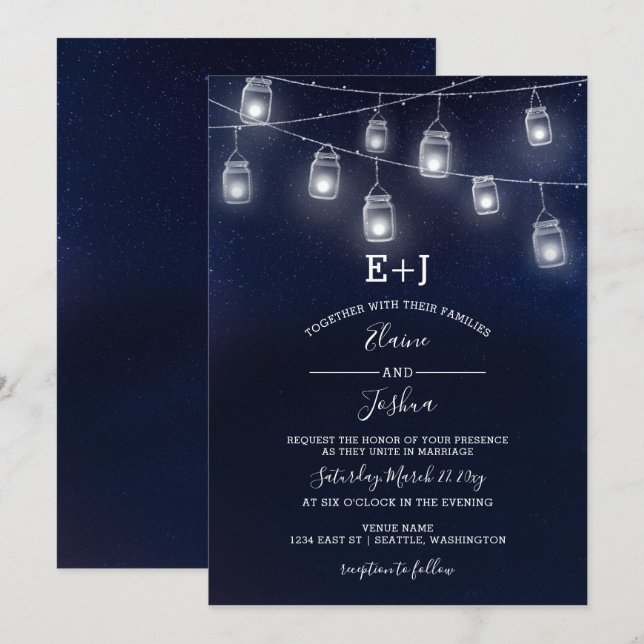 starry sky mason jars wedding invitations (Front/Back)