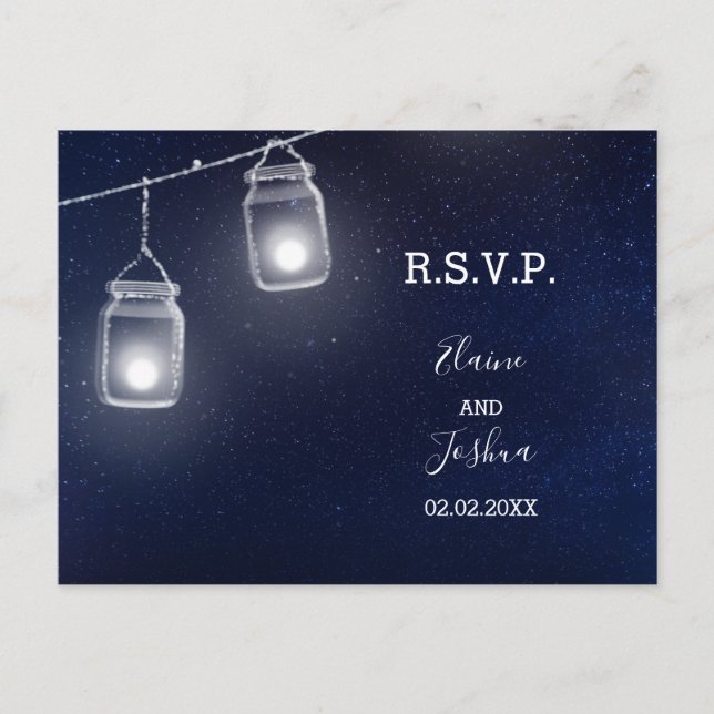 Starry sky mason jars wedding  rsvp invitation postcard (Front)