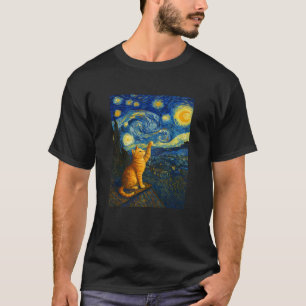 Starry Sky with Orange Tabby Cat Funny Famous Pain T-Shirt