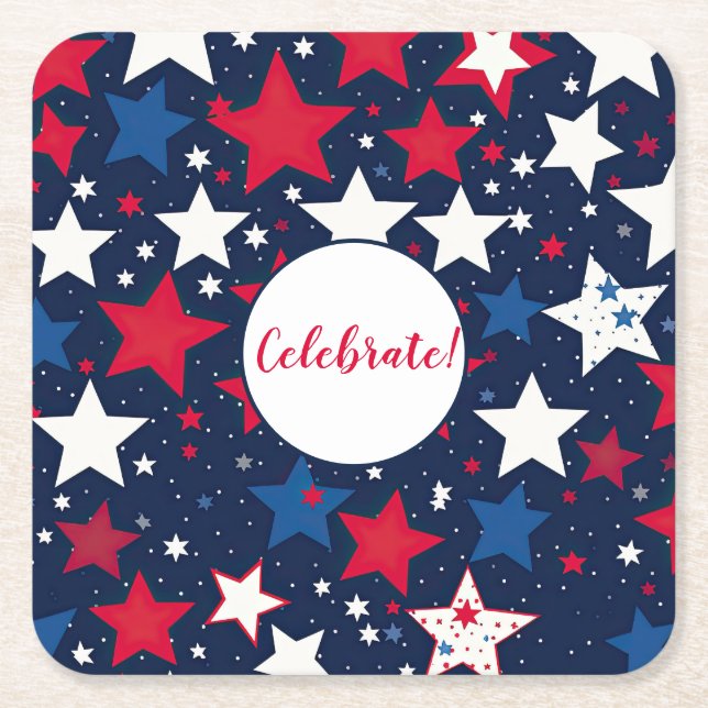 Starry Splendour: Red, White Blue Party Square Paper Coaster (Front)