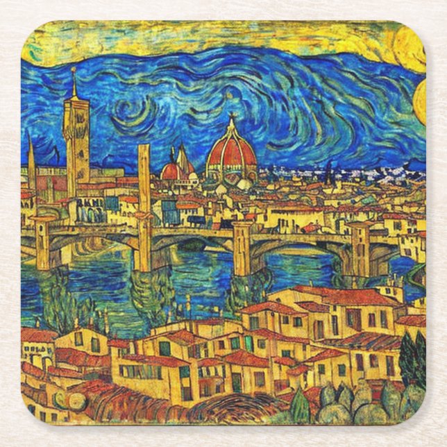 Starry Starry Night Florence Italy Square Paper Coaster (Front)
